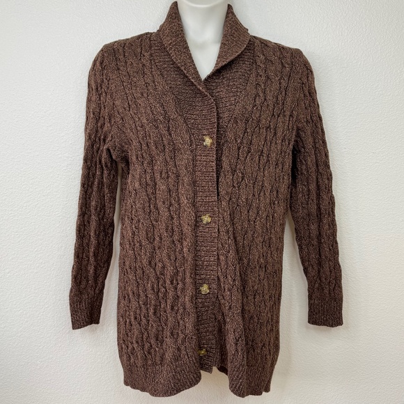 🧣Lands End Drifter Womens Brown Button Cable Knit Cardigan Sweater Large 14 16 - Picture 1 of 12
